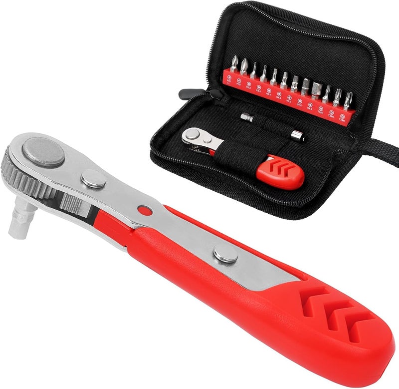 STREBITO Right Angle Screwdriver 14 Piece Mini Ratchet Set, Offset Screwdriver Low Profile Ratchet Screwdriver Set with 1/4 Ratchet, Hex, Phillips, and Torx, EDC Bit Driver for Tight Spaces, Bike - Image 1